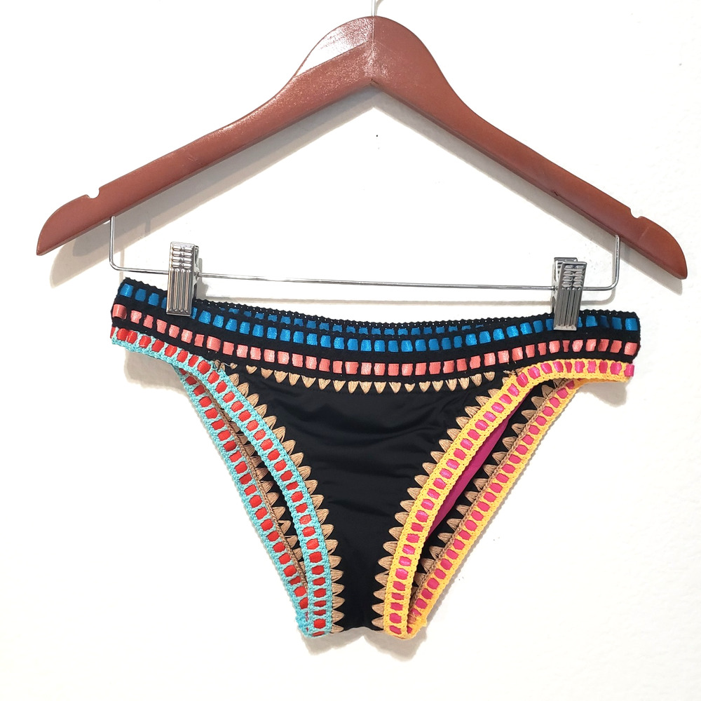 Bar III Women SIZE XS Be Weave It Cheeky Bikini Swim Bottoms Black Crochet Color